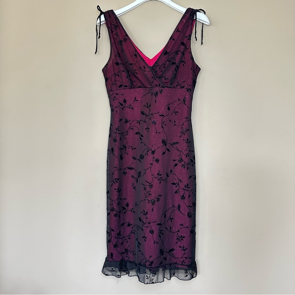 VTG 90s Y2K Size M Whimsigoth Dress Sparkle Pink Black Floral Chiffon Overlay - Picture 3 of 14
